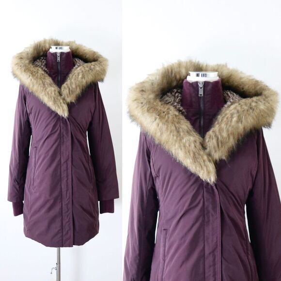 Aritzia Babaton Size S Julian Parka Goose Down Fill Faux Fur Hood Aubergine